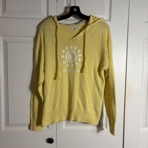 Life Is Good Hooded Sweater Women L Yellow Knit Sun Graphic Tassel Pullover Top